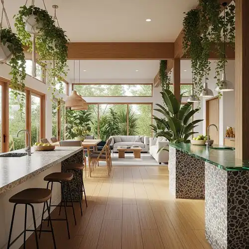 Modern eco-friendly home interior with lush green plants